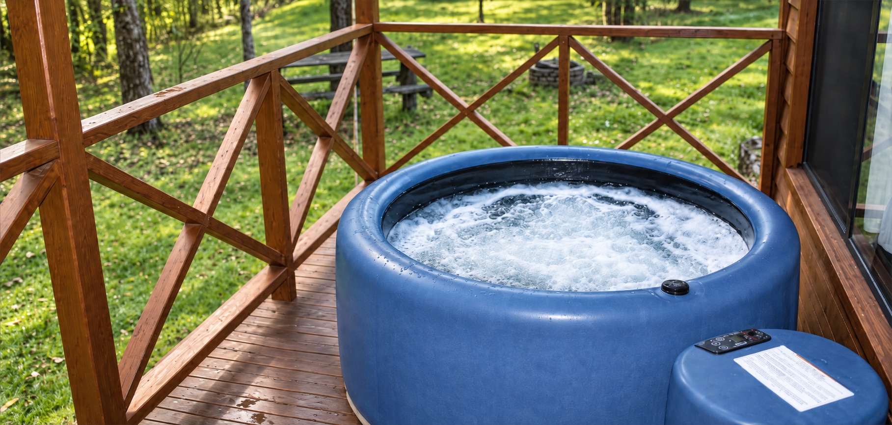 The private heated spa on a chalet verandah, looking out into the forest